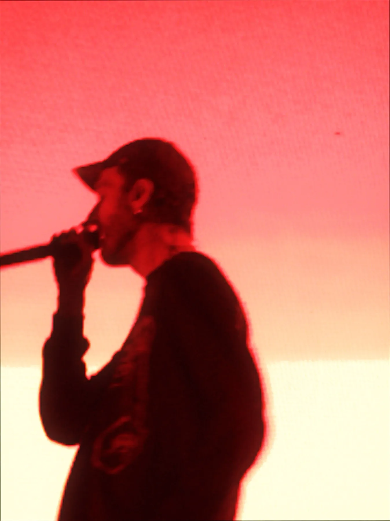 Silhouette sul palco in controluce contro uno schermo LED rosso, Terapia Tour
