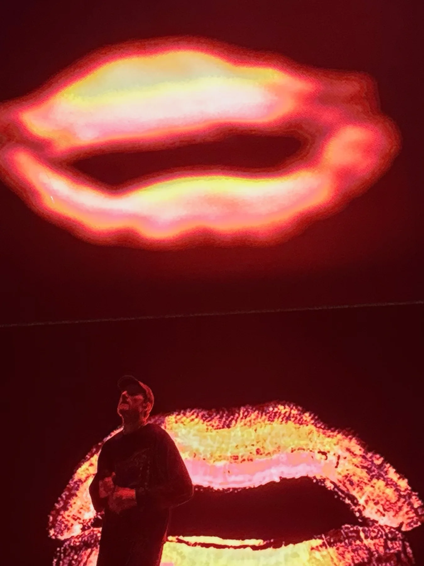 Silhouette sul palco sotto una proiezione LED di labbra rosse e dorate